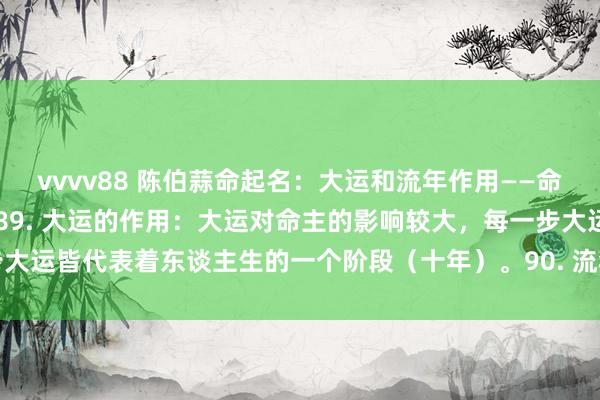 vvvv88 陈伯蒜命起名：大运和流年作用——命理学100个常识点系列.89. 大运的作用：大运对命主的影响较大，每一步大运皆代表着东谈主生的一个阶段（十年）。90. 流年的作用：流年是对大运...